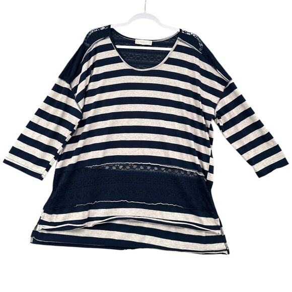 Weekend Suzanne Betro Navy Stripes Lace Detail Scoop Neck Striped Tunic Top 1X - Picture 1 of 6